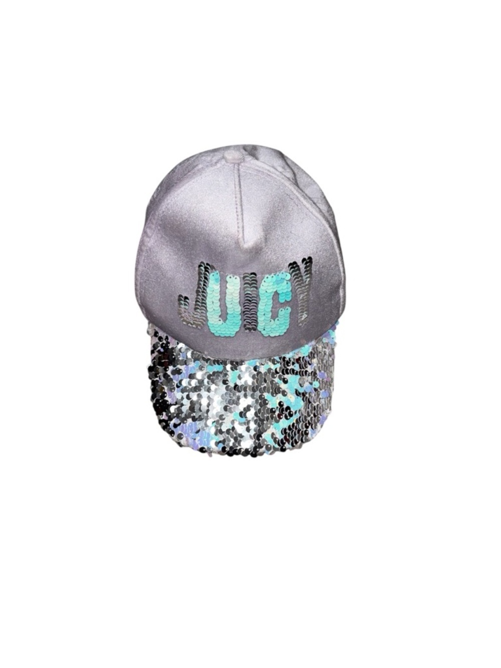 Juicy Couture Vintage Y2K Silver Sequin Girls Hat with Aqua Logo NWOT